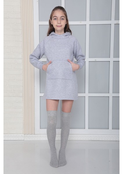 Kız Çocuk Gri Kapüşonlu 3 Iplik Şardonlu Polarlı Reglan Kol Elbise S-303GRİ