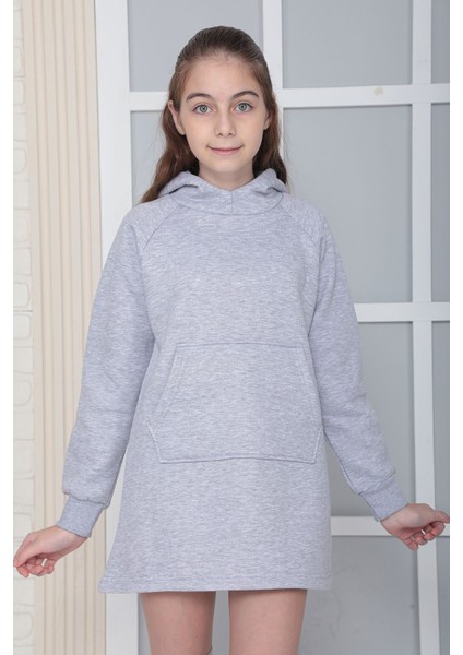 Kız Çocuk Gri Kapüşonlu 3 Iplik Şardonlu Polarlı Reglan Kol Elbise S-303GRİ fiyatları