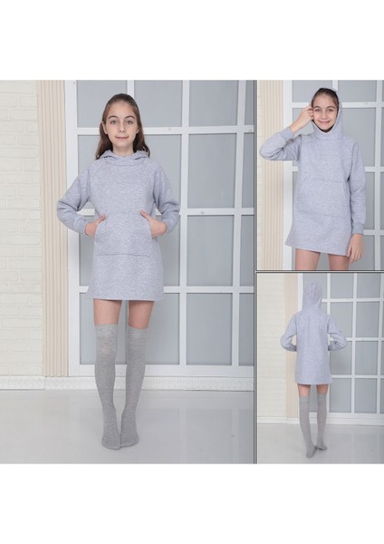 Kız Çocuk Gri Kapüşonlu 3 Iplik Şardonlu Polarlı Reglan Kol Elbise S-303GRİ fırsatları