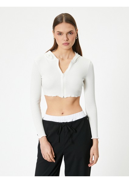 Crop Kapüşonlu Fermuarlı Hırka Uzun Kollu Slim Fit