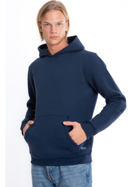 Erkek Lacivert Kapüşonlu Kanguru Cepli 3 Iplik Şardonlu Polarlı Sweatshirt S-204