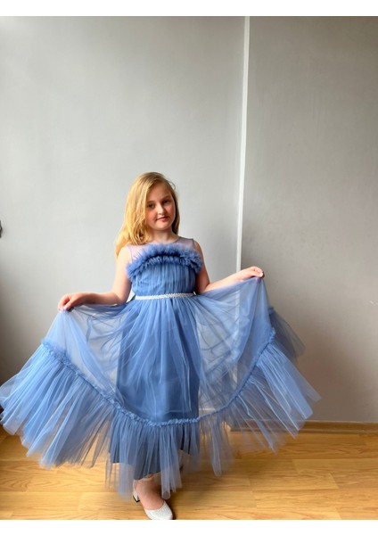 Tül Detay Prenses Model Çocuk Abiye Elbise Indigo Mavi