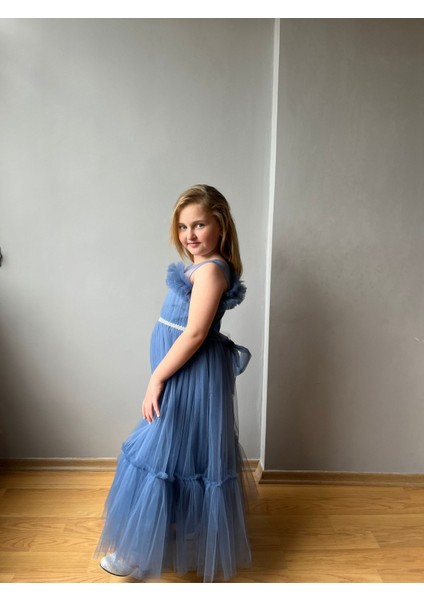 Tül Detay Prenses Model Çocuk Abiye Elbise Indigo Mavi