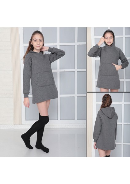 Kız Çocuk Antrasit Kapüşonlu 3 Iplik Şardonlu Polarlı Reglan Kol Elbise S-303ANTRA