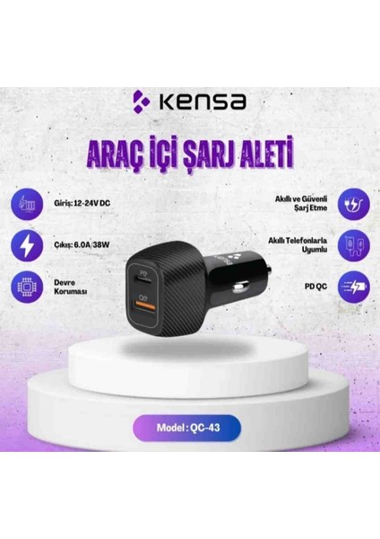 QC-43 20W Lightning Araç Şarj Seti