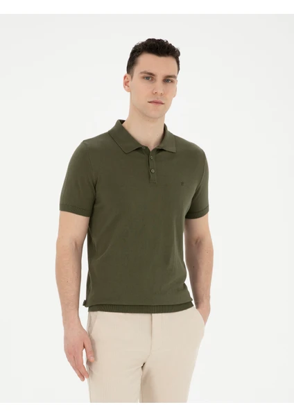 Pierre Cardin Erkek Haki Slim Fit Düğmeli Polo Yaka Triko Tişört 50294580-VR027