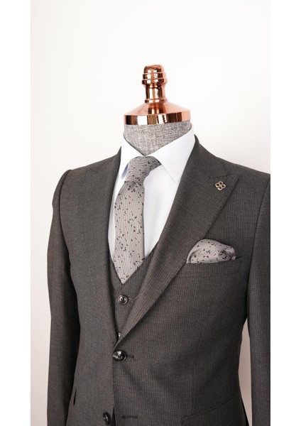 Erkek Slim Fit Çizgili Yelekli Siyah Takım Elbise