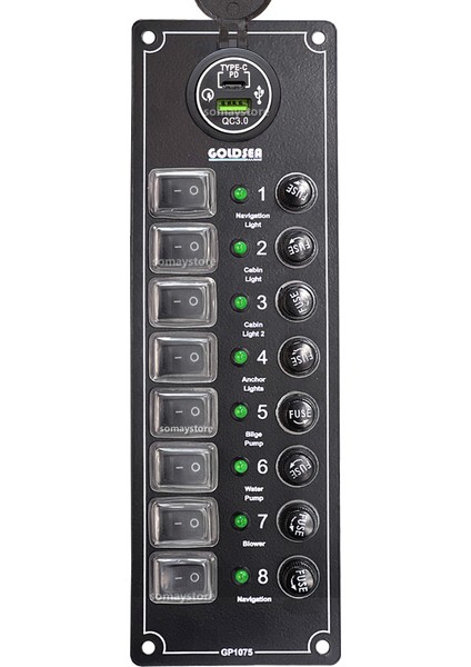 Switch Panel 8 Anahtar Usb 3.0 Type-C Soketli Kontrol Paneli 12-24V Panel Ölçüsü 250x80mm