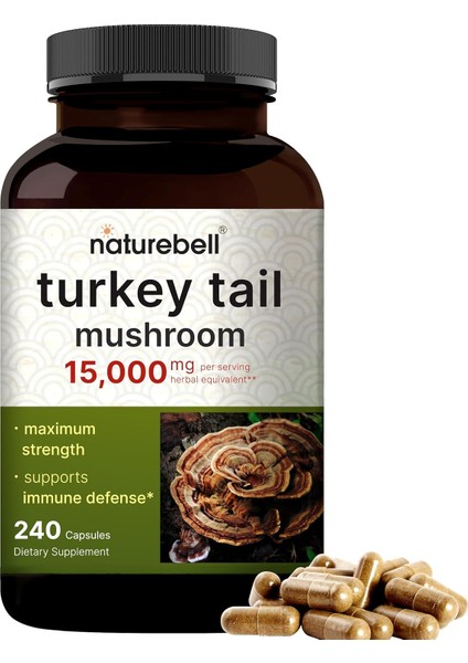 Turkey Tail Mushroom 15,000 Mg Fruiting Body And Mycelium Extract 240 Kapsul Büyük Boy