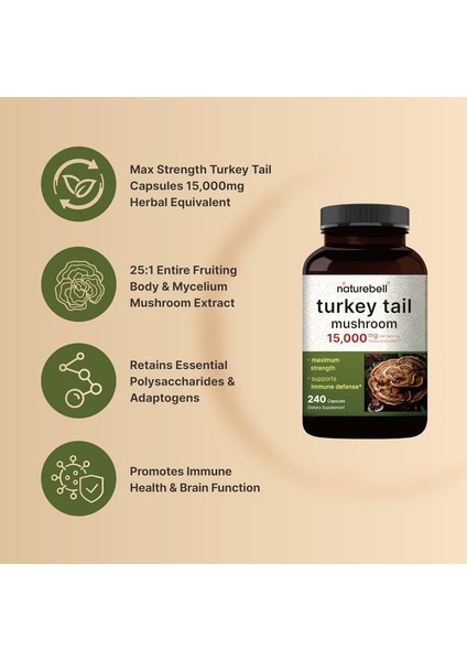 Turkey Tail Mushroom 15,000 Mg Fruiting Body And Mycelium Extract 240 Kapsul Büyük Boy