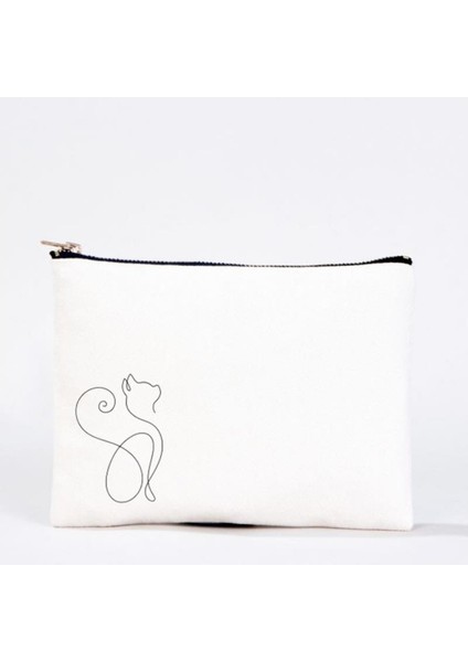 Bez Çanta Kedi El Boyaması Clutch Portföy Makyaj Çantası Kalemlik Bej, 15X21CM, KCNT0022