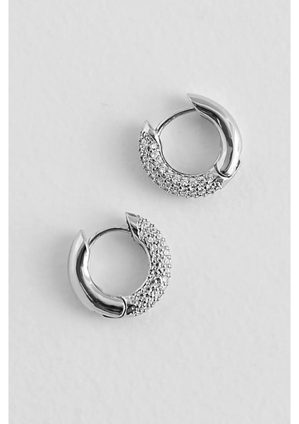Gömme Zirkon Taşlı Vıp Antiallerjik Kararmaz Yuvarlak Gümüş Rengi Huggie Halka Küpe