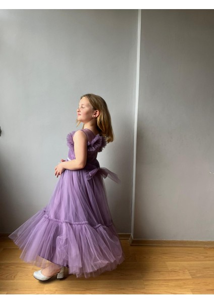 Tül Detay Prenses Model Çocuk Abiye Elbise Mor