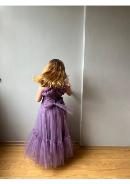 Tül Detay Prenses Model Çocuk Abiye Elbise Mor