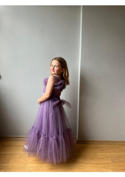 Tül Detay Prenses Model Çocuk Abiye Elbise Mor