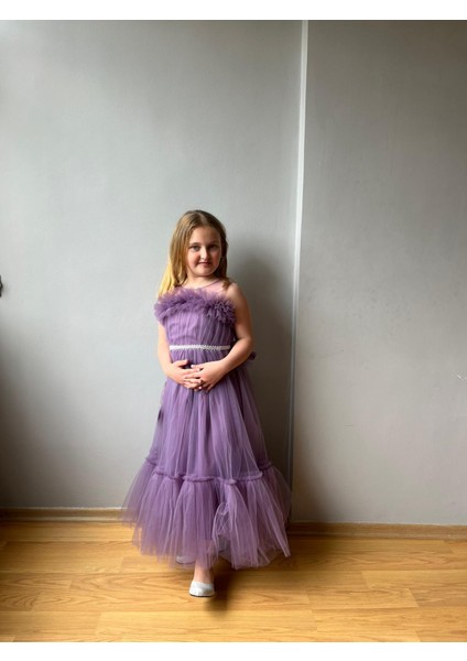 Tül Detay Prenses Model Çocuk Abiye Elbise Mor