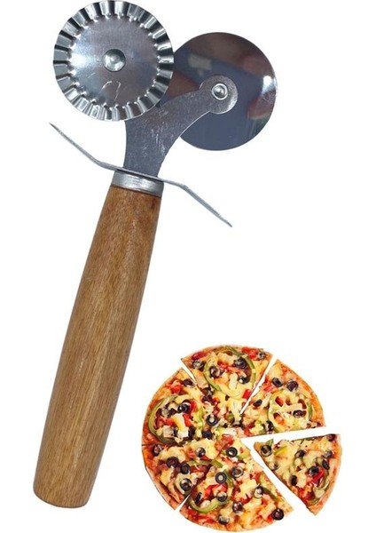 Ahşap Saplı 2li Hamur Kesme Ruleti Düz ve Dalgalı Pizza Börek Kesici Aparatı (44DEX34)