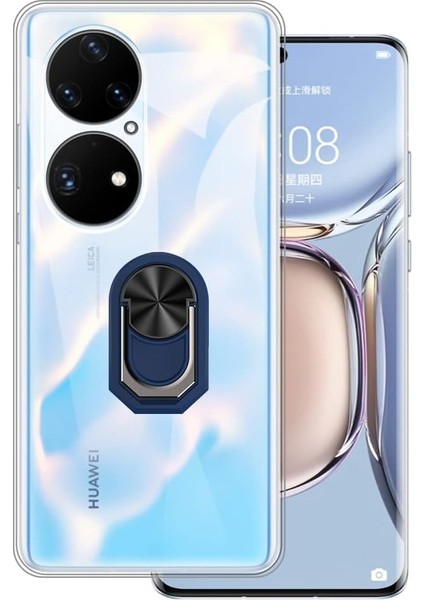 Huawei P50 Pro Kılıf Kamera Korumalı Yüzüklü Kickstand Tpu Şeffaf Kapak