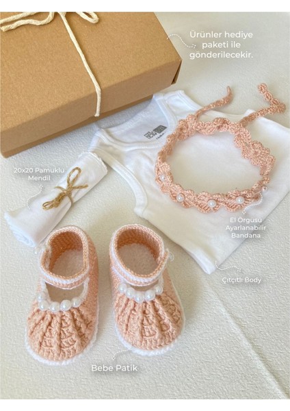 Hoşgeldin Bebek / Yenidoğan Hediye Seti / El Örgüsü Bandanalı Bebek Patik & Çıtçıtlı Body & Mendil