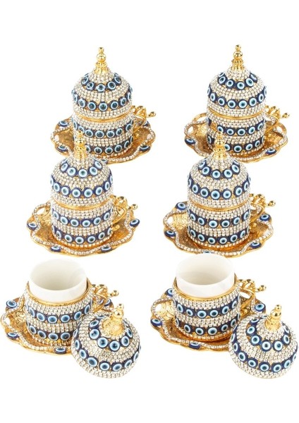 Nazar ve Swarovski Taşlı 6'lı Kahve Fincan Lale Gold