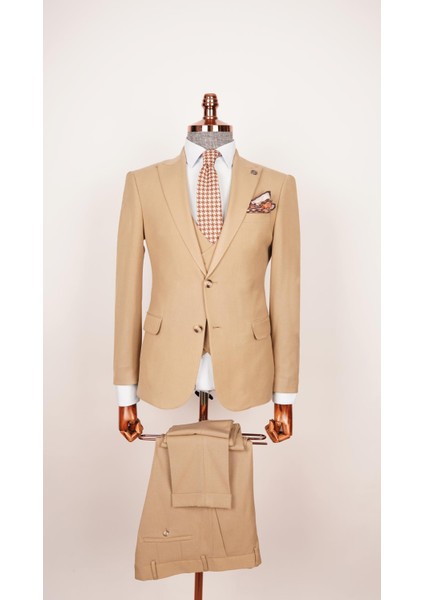 Erkek Düz Kumaş Slim Fit Yelekli Hardal Sarısı Takım Elbise