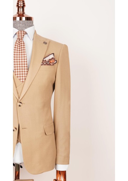 Erkek Düz Kumaş Slim Fit Yelekli Hardal Sarısı Takım Elbise