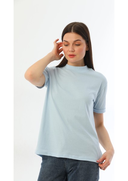 Ekru-Mavi 2'li Paket Dik Yaka Rahat Kalıp Pamuk T-Shirt fiyatları