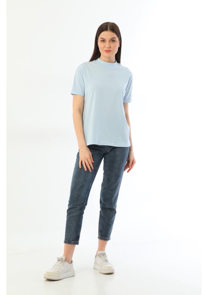 Ekru-Mavi 2'li Paket Dik Yaka Rahat Kalıp Pamuk T-Shirt modelleri