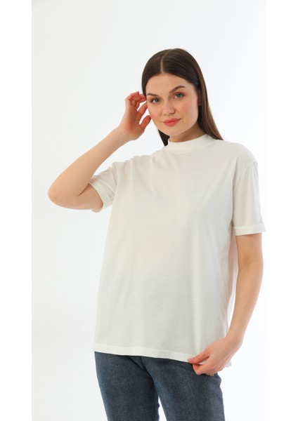Ekru-Mavi 2'li Paket Dik Yaka Rahat Kalıp Pamuk T-Shirt fırsatları
