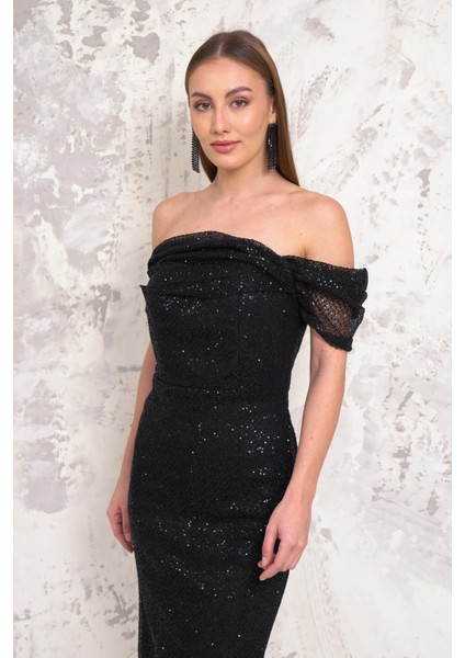 Düşük Kol Pullu Siyah Abiye modelleri