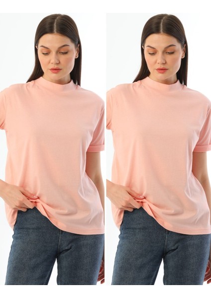 Pudra Pembe 2'li Paket Dik Yaka Rahat Kalıp Pamuk T-Shirt