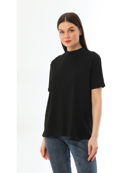 Siyah-Mavi 2'li Paket Dik Yaka Rahat Kalıp Pamuk T-Shirt fiyatları