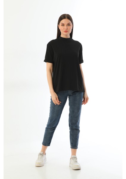 Siyah-Mavi 2'li Paket Dik Yaka Rahat Kalıp Pamuk T-Shirt modelleri