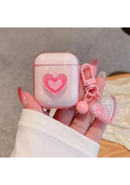 Airpods 2.nesil Uyumlu Simli Pembe Kalp Tasarımlı Love Kılıf