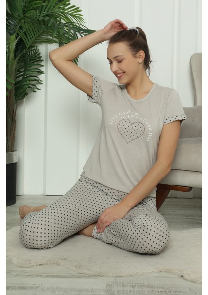 Mirano 7402 Viskon Kısa Kollu Kalp Desenli Kadın Pijama Takımı Saç Tokalı