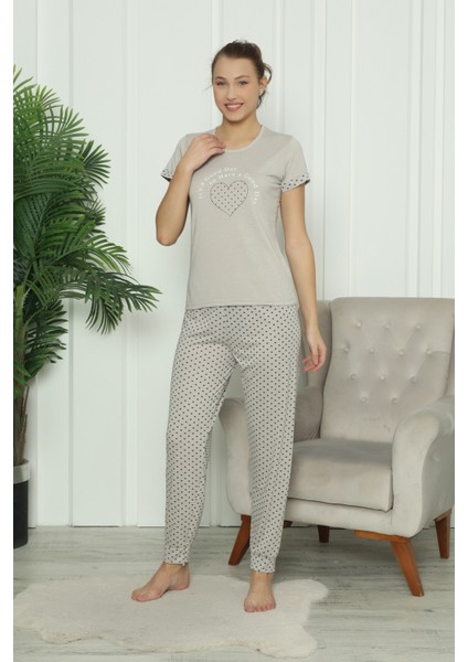 Mirano 7402 Viskon Kısa Kollu Kalp Desenli Kadın Pijama Takımı Saç Tokalı