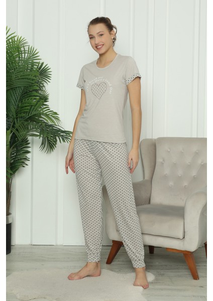 Mirano 7402 Viskon Kısa Kollu Kalp Desenli Kadın Pijama Takımı Saç Tokalı