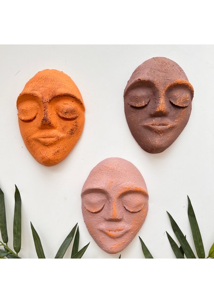 El Yapımı Yüz Heykeli Taş Duvar Dekoru 3'li Set, Modern Tasarım, Eskitme Taş Görünümlü Duvar Mask