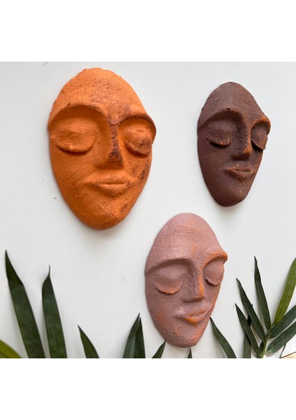 El Yapımı Yüz Heykeli Taş Duvar Dekoru 3'li Set, Modern Tasarım, Eskitme Taş Görünümlü Duvar Mask