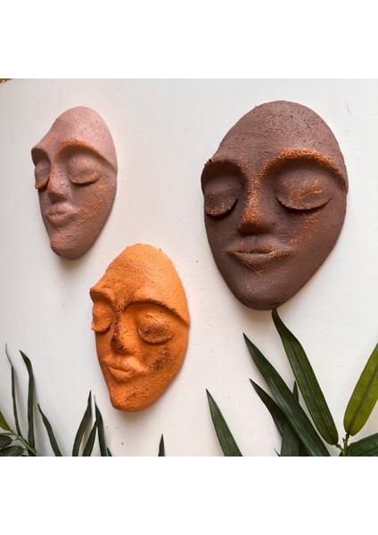 El Yapımı Yüz Heykeli Taş Duvar Dekoru 3'li Set, Modern Tasarım, Eskitme Taş Görünümlü Duvar Mask