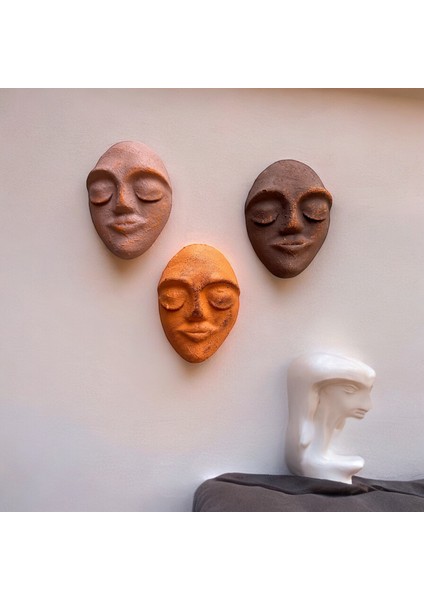 El Yapımı Yüz Heykeli Taş Duvar Dekoru 3'li Set, Modern Tasarım, Eskitme Taş Görünümlü Duvar Mask