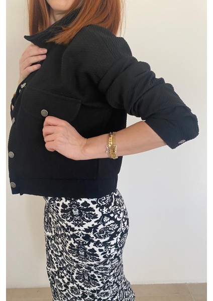 Kadın Dokulu Kumaş Metal Düğme Siyah Bomber Trend Ceket modelleri