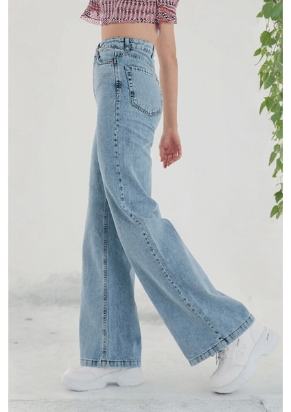 Incim Kadın Açık Mavi Kar Yıkama Yüksek Bel Denim Jean Kadın Bol Paça Kot Pantolon