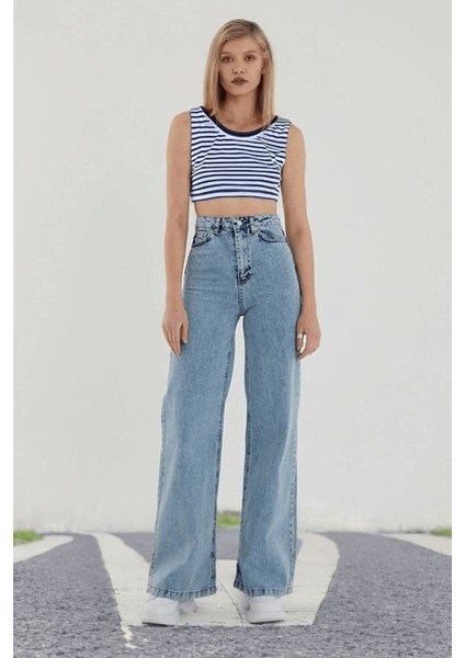 Incim Kadın Açık Mavi Kar Yıkama Yüksek Bel Denim Jean Kadın Bol Paça Kot Pantolon modelleri