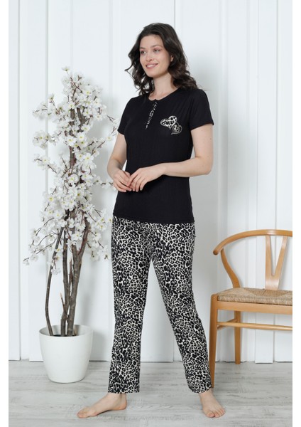 Mr 1417 Pegasus Kumaş Kısa Kollu Leopar Desenli Kadın Pijama Takımı modelleri