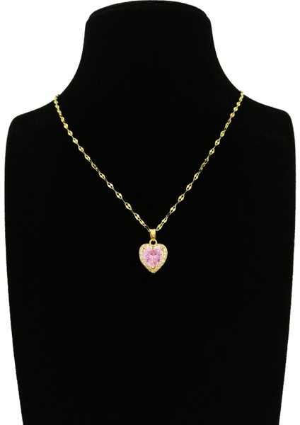 Pembe Kristal Kalpli Zarif Çelik Kolye