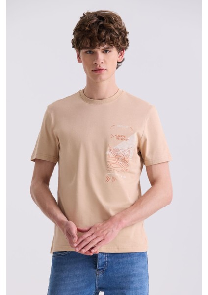 Bej Slim Fit Bisiklet Yaka T-Shirt