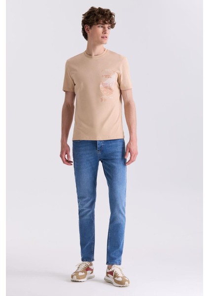 Bej Slim Fit Bisiklet Yaka T-Shirt