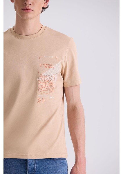 Bej Slim Fit Bisiklet Yaka T-Shirt