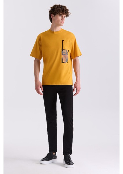 Sarı Over Size Yazı Baskılı Bisiklet Yaka T-Shirt